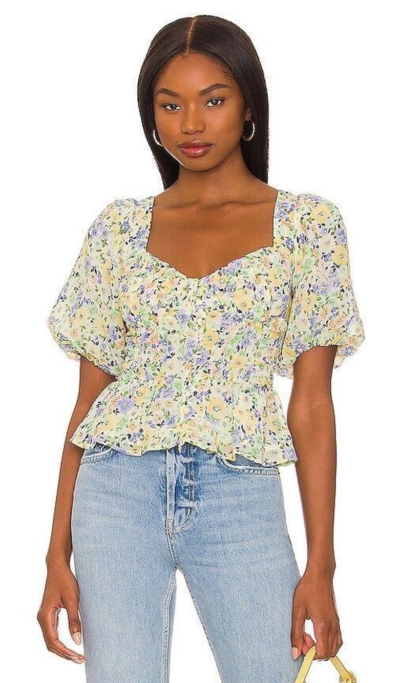 ASTR The Label Floral Puff Sleeve Peplum Blouse Size S